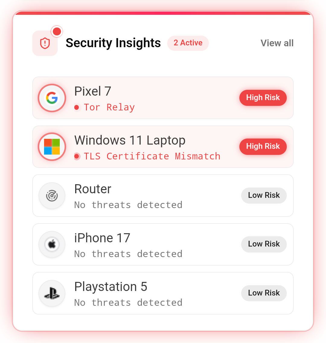 Netify Security Insights dashboard showing cybersecurity risk indicators